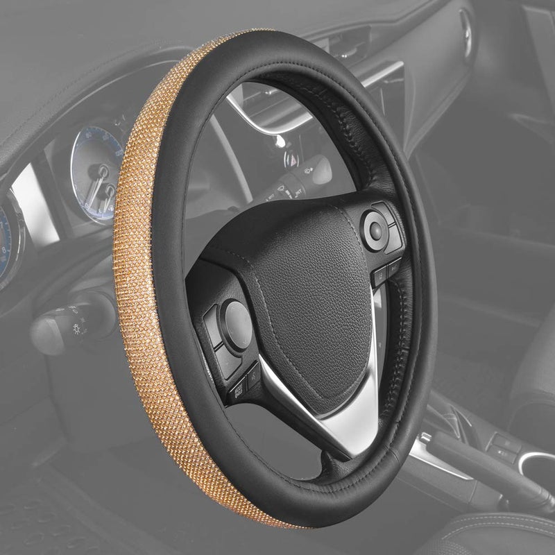 Carbella BDK Bling Bling Glitter Diamond Leather Steering Wheel Cover with 9 Rows Crystal Rhinestones, Universal Fit 14.5-15.5 Inch for Women/Girls (Bling Crystal Diamonds - Gold) - Image 4